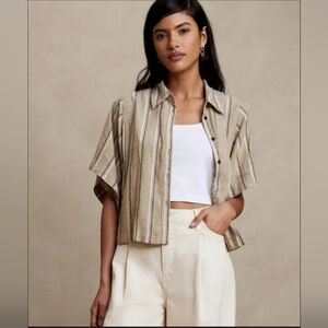 Banana Republic Linen Resort Shirt XS Striped Boxy Crop Indie Aesthetic Boho